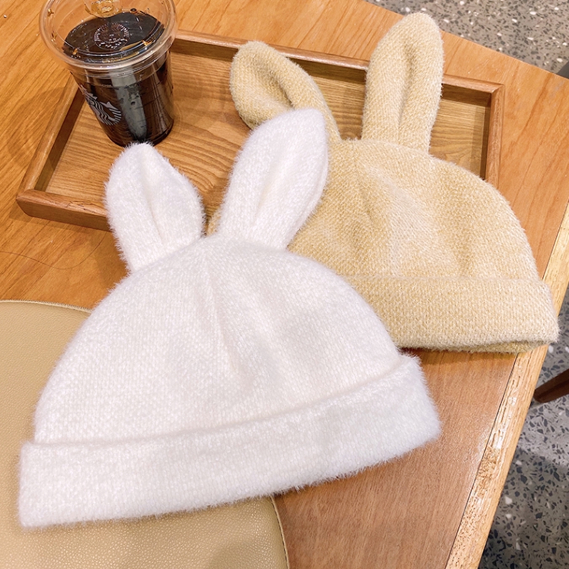 Mũ Beret Màu Trơn Đính Tai Thỏ Dễ Thương Phong Cách Hàn Quốc