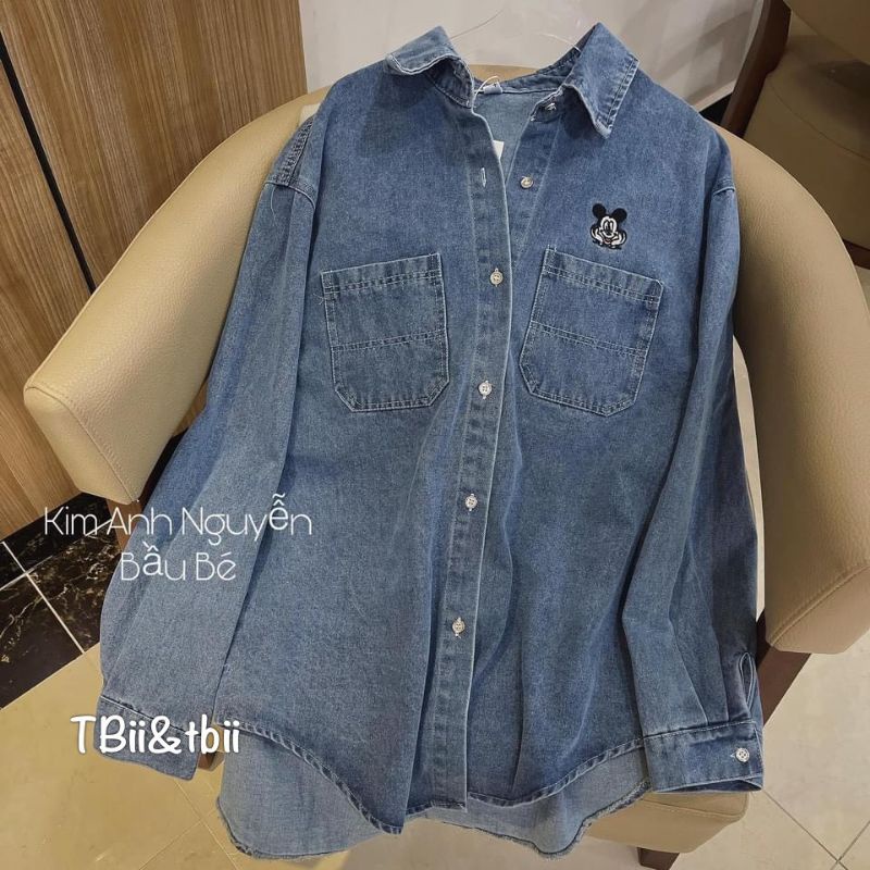 Áo sơmi jean thêu micky ngực hàng QCL1