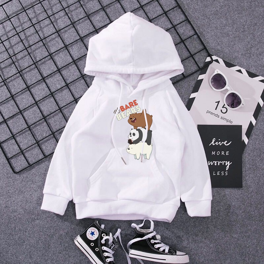 Áo khoác nỉ hoodie we bare bears màu trắng 3 chú gấu đủ size cho bé trai bé gái