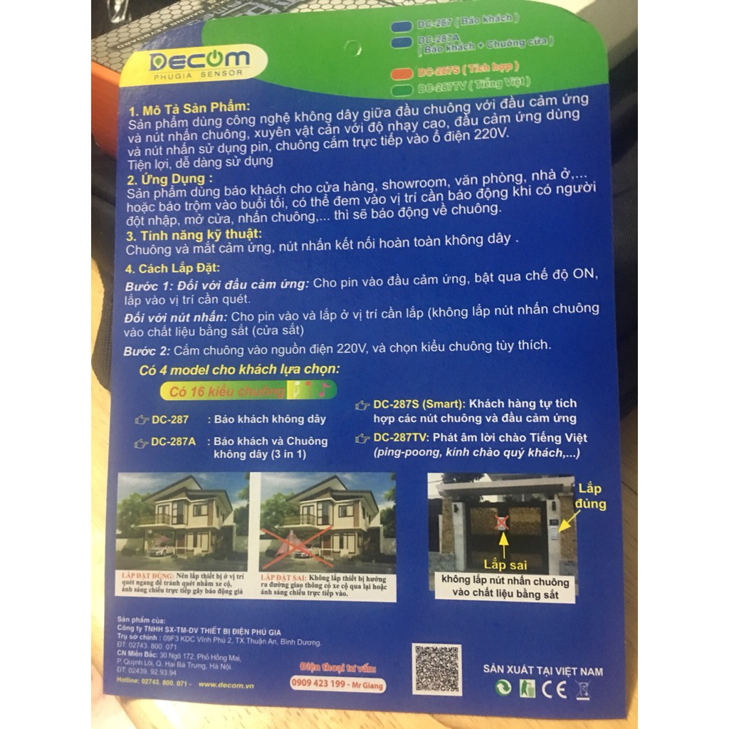 Chuông báo khách cảm ứng hồng ngoại tích hợp chuông cửa không dây