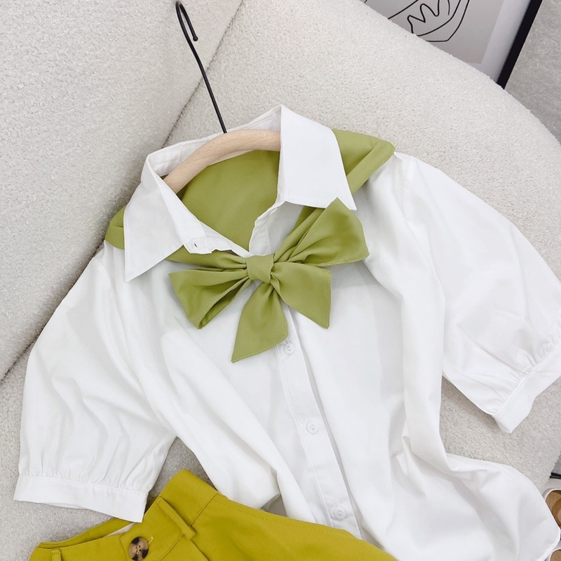 SET ÁO SƠ MI THẮT NƠ XANH + QUẦN SHORT XANH