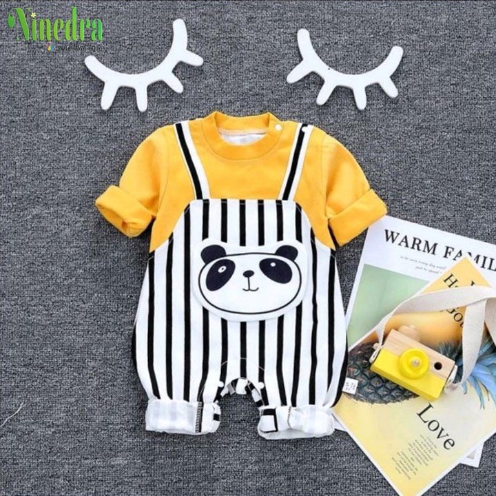 - Bộ yếm kẻ áo liền quần hình gấu chất cotton mịn đẹp