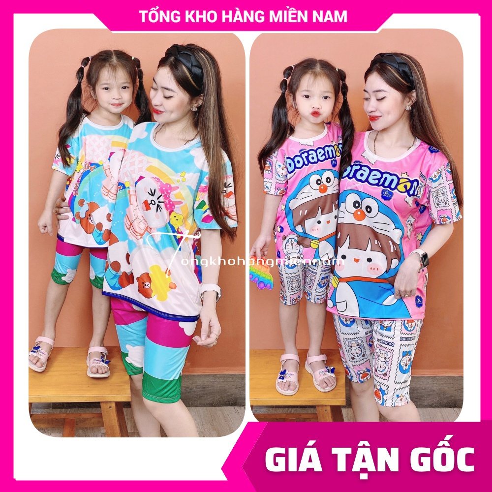 Bộ thun 3D Đồ bộ quần LỬNG mẹ và bé size đến 70kg chất thun mềm mát in hình doremon kitty dễ thương DBRBL FULL SIZE