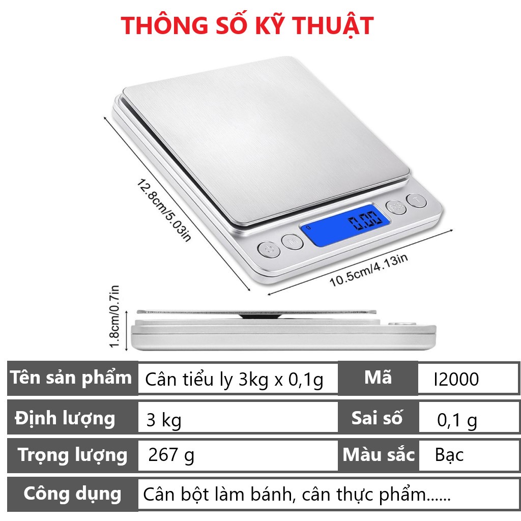 Cân Tiểu Ly Nhà Bếp Cân Điện Tử Mini 3kg x 0,1g - Nhỏ Gọn, Siêu Chính Xác, Thép Không Gỉ, Màn LCD