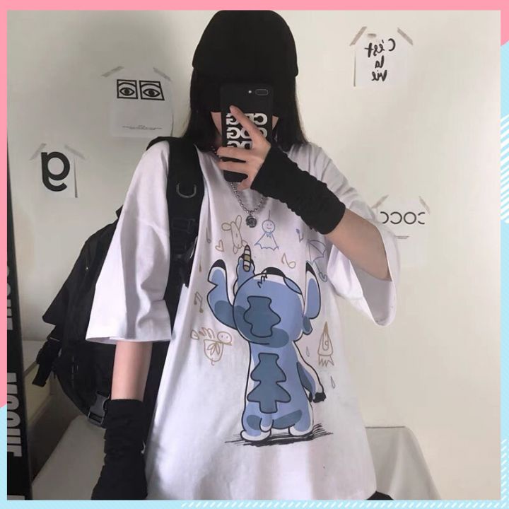 Áo thun unisex tay lỡ form rộng, áo phông nam nữ form rộng chất mát mịn thấm hút mồ hôi in hình STITCH