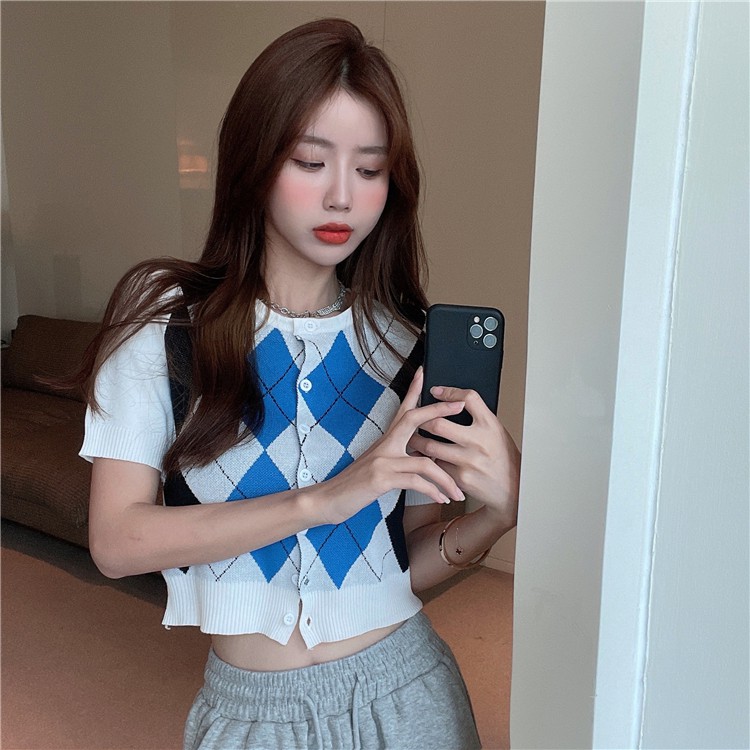 Fashion Plaid Knit Short Sleeve Cardigan Women's Top | WebRaoVat - webraovat.net.vn