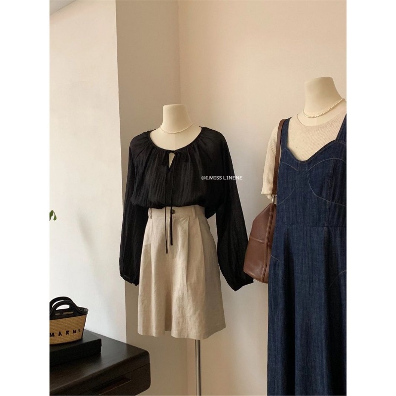 Áo Kiểu Tay Dài Cổ Tròn Cột Dây Xếp Ly Màu Trơn Thời Trang Mùa Thu 2022 Dành Cho Nữ