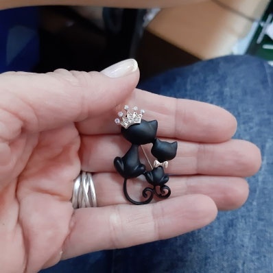 Ghim Cài Áo Hình Mèo Mẹ Và Con Gái Đội Vương Miện Đính Pha Lê Đen Mịn Màng