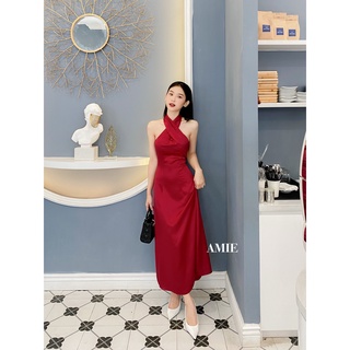 Đầm lụa nữ AMIE thiết kế cổ chéo dáng dài, váy thời trang cao cấp chất phi lụa sang chảnh D09