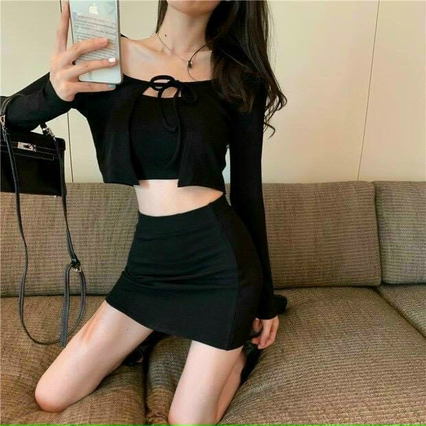 Set ba món áo hai dây kèm khoác cardigan chân váy ôm body sexy