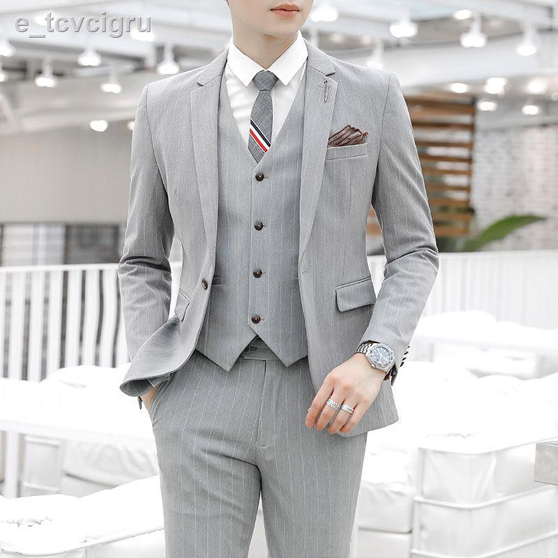 Bộ vest nam mỏng Suit Hàn Quốc ba mảnh thời trang áo cưới sọc chú rể chuyên nghiệp mặc
