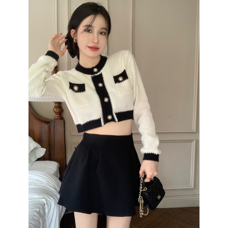 Áo Khoác cardigan Dệt Kim Dáng Ngắn Tay Dài Ghép Nối Màu Sắc Tương Phản Kiểu Pháp Thời Trang