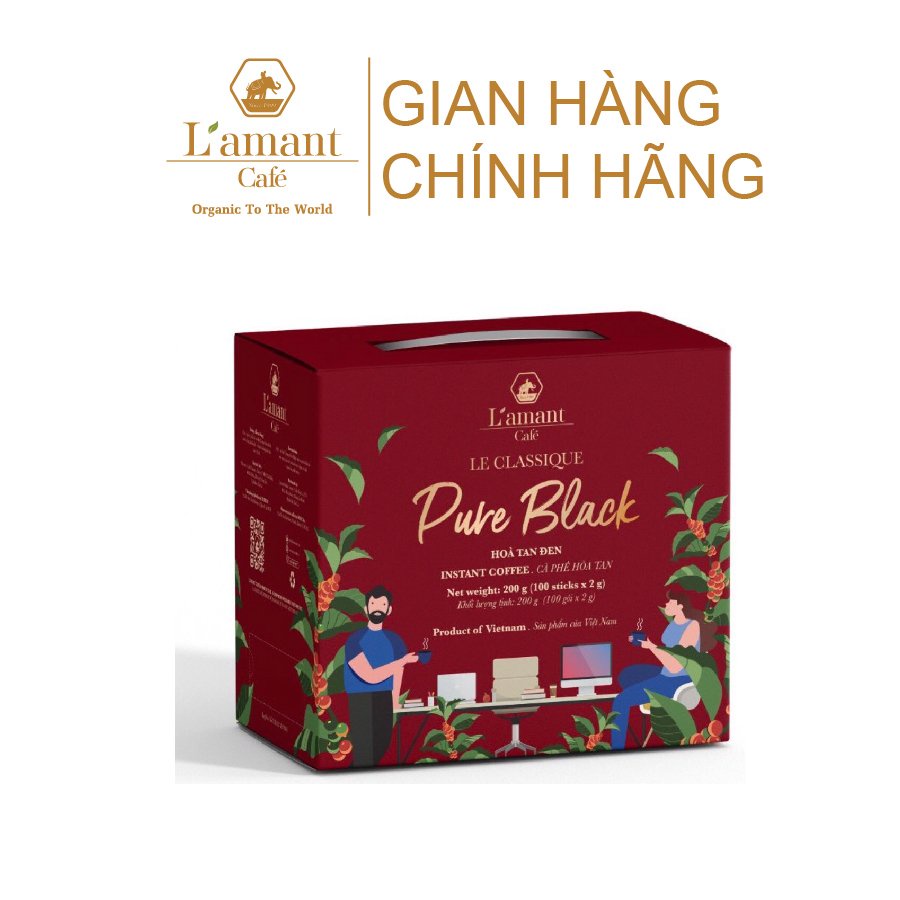 Cà phê hòa tan đen nguyên chất Pure Black (Hộp 100 gói x 2gr) - L'amant Café Pure Black instant coffee