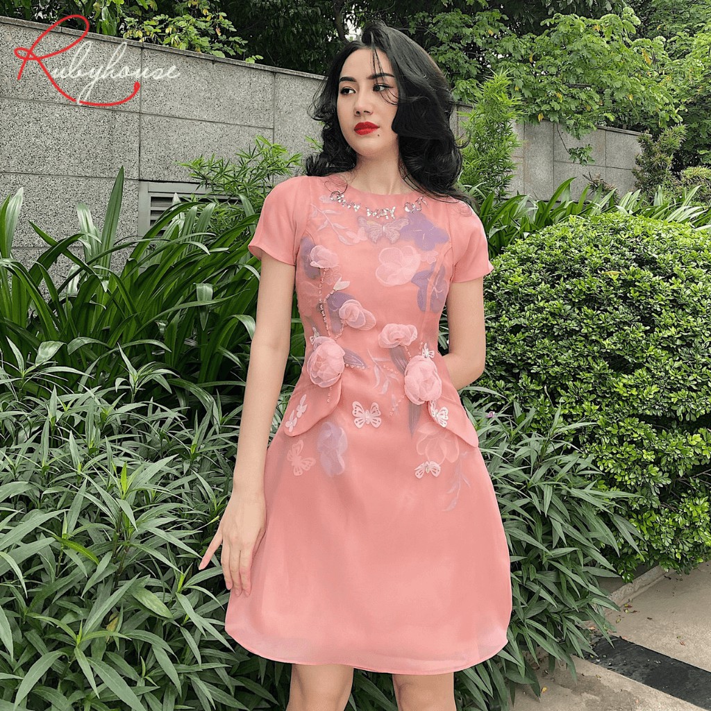 Váy Đầm Thiết Kế RUBY HOUSE Đính Hoa 3D, Ôm Form Tinh Tế, Dáng Thanh Lịch, Chất Organza Cao Cấp 3008