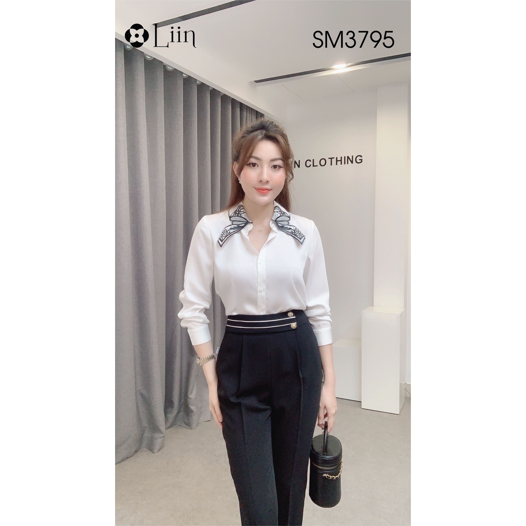 Áo Sơ Mi form công sở thiết kế Trắng cách điệu Cổ Thêu họa tiết xinh xắn Liin Clothing SM3795