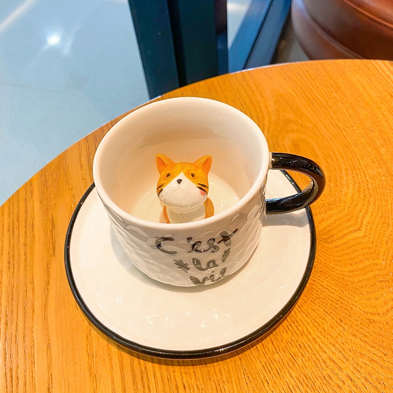 Cốc Sứ Uống Nước Dập Nổi Họa Tiết Mèo Hoạt Hình Dễ Thương Tiện Dụng Cho Gia Đình