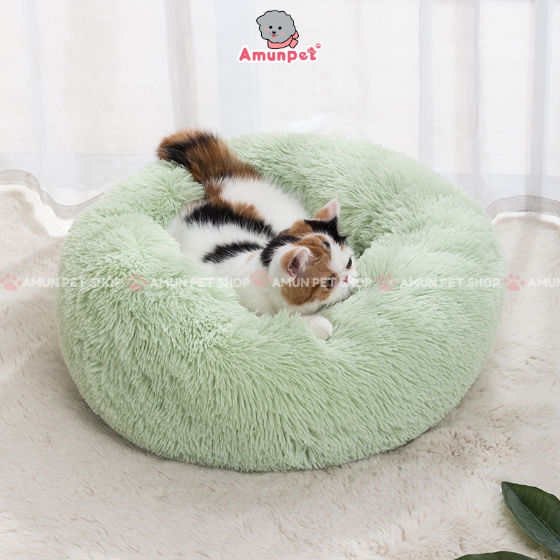 Ổ Đệm Nằm Cho Chó Mèo Vải Nhung Lông Siêu Mềm Mịn, Nệm Cho Thú Cưng Lớn Nhỏ Nằm Ngủ Loại Tròn Cao Cấp Amun Pet