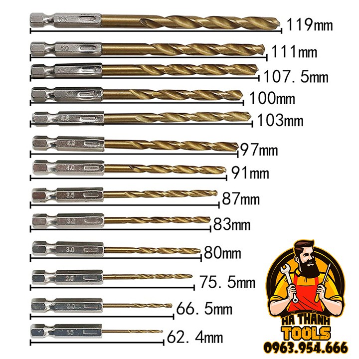Bộ 13 mũi khoan xoắn chuôi lục giác 6.35 từ 1.5-6.5mm khoan sắt, gỗ, nhôm,...