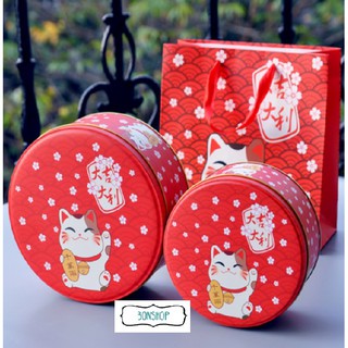 Hộp thiếc cookie Mèo Thần Tài đựng bánh quy Tết