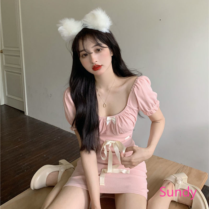 Đầm dệt kim cổ vuông tay phồng phối ren ngọt ngào kiểu pháp cho nữ