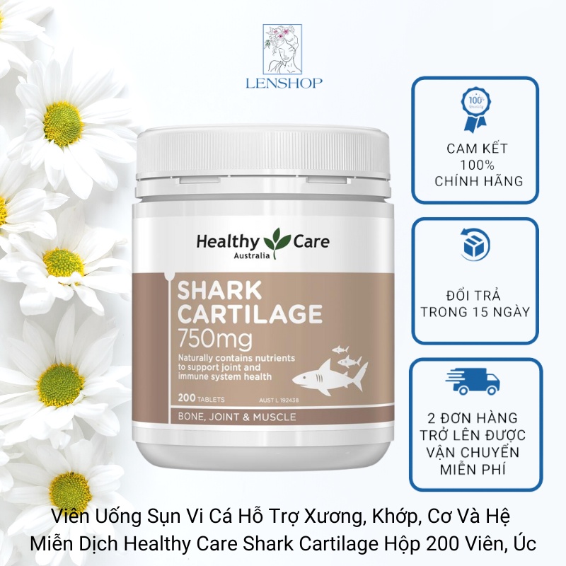Viên uống sụn vi cá hỗ trợ xương, khớp, cơ và hệ miễn dịch Healthy Care Shark Cartilage hộp 200 viên, Úc