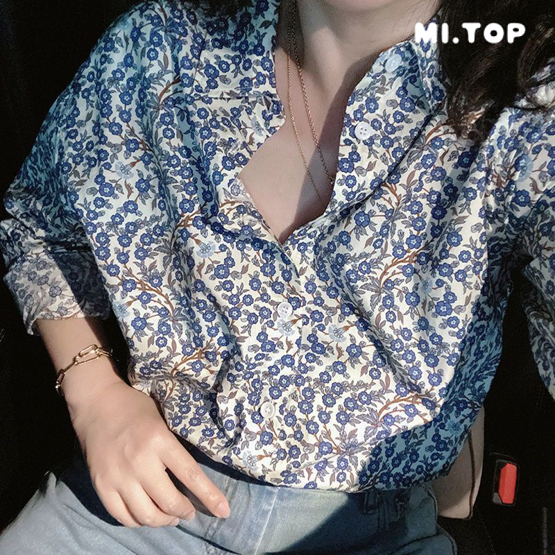 Áo Sơ Mi Tay Dài Dáng Rộng In Hoa Kiểu Retro Xinh Xắn Cho Bạn Gái