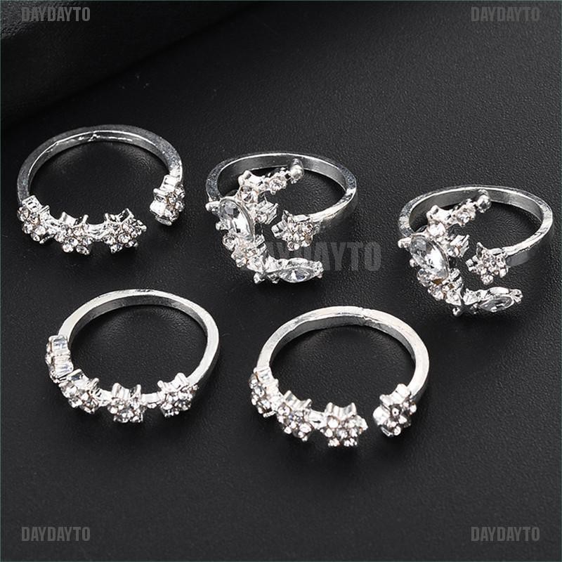 Set 5 Nhẫn Bạc Đính Đá Pha Lê Phong Cách Boho Cổ Điển