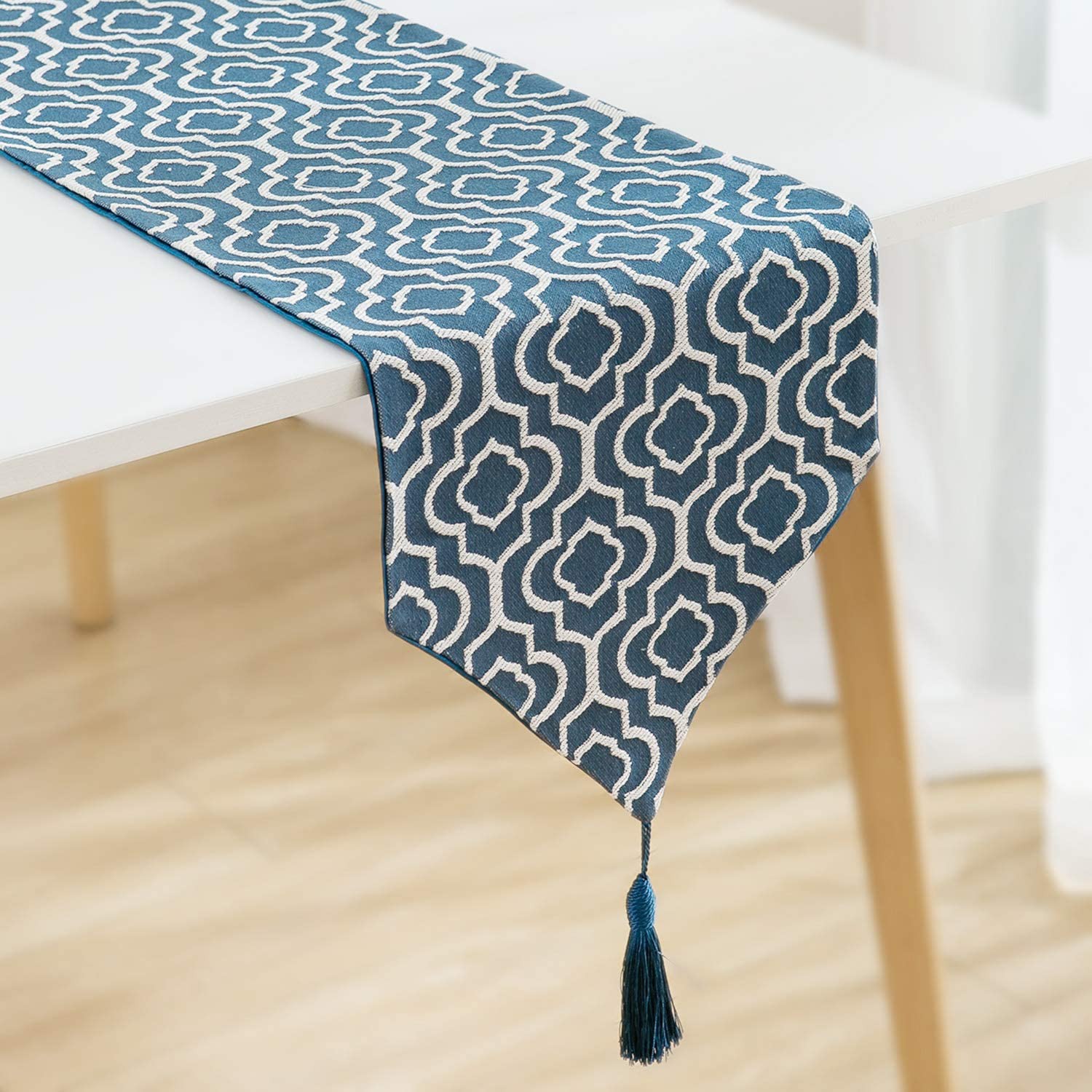 Blue Table Runner 86 Inches Jacquard Coffee Table Runner with Tassels Dresser Scarf for Home Decor, Party, Wedding