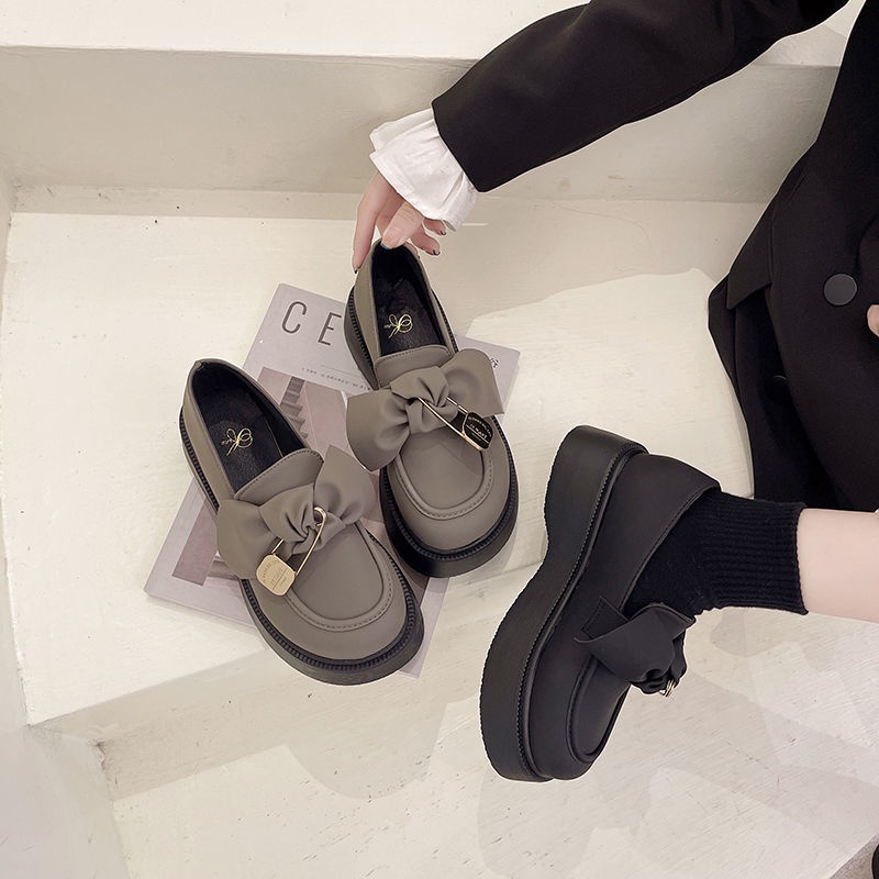 2023 Giày Da Mũi Tròn Thắt Nơ Phong Cách Retro Hàn Quốc Dành Cho Nữ Mary Jane Giày đế bệt