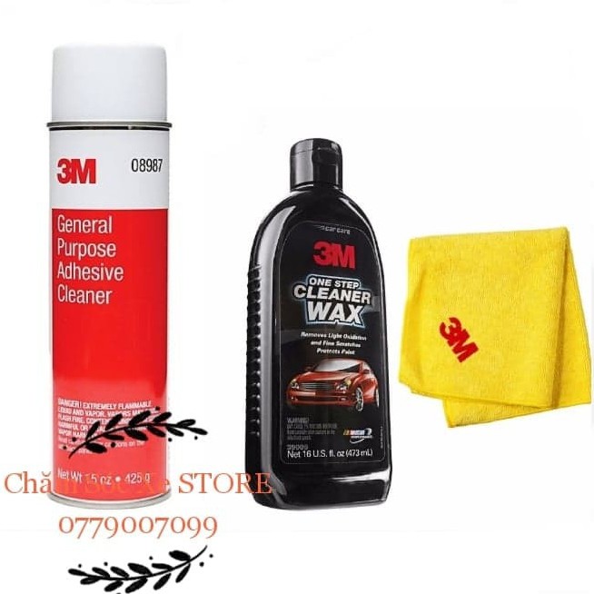 Bộ Chăm Sóc Ngoại Thất Xe 3M: Dung Dịch Tẩy Keo 3M- Chai Đánh Bóng 1 Bước 3M- Xóa Xước- Wax3 Tặng Kèm Khăn 3M.