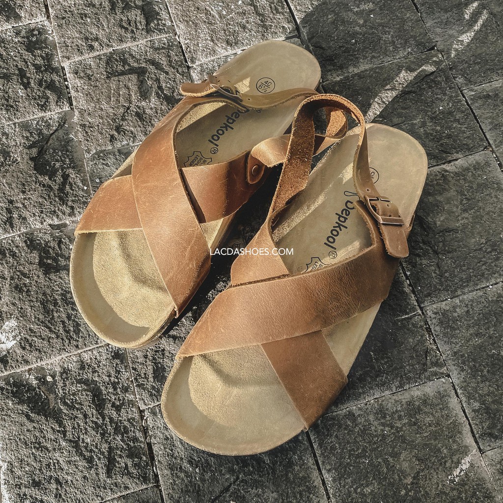 Sandal Lacda nam nữ đế trấu quai chéo vintage nâu da bò thật