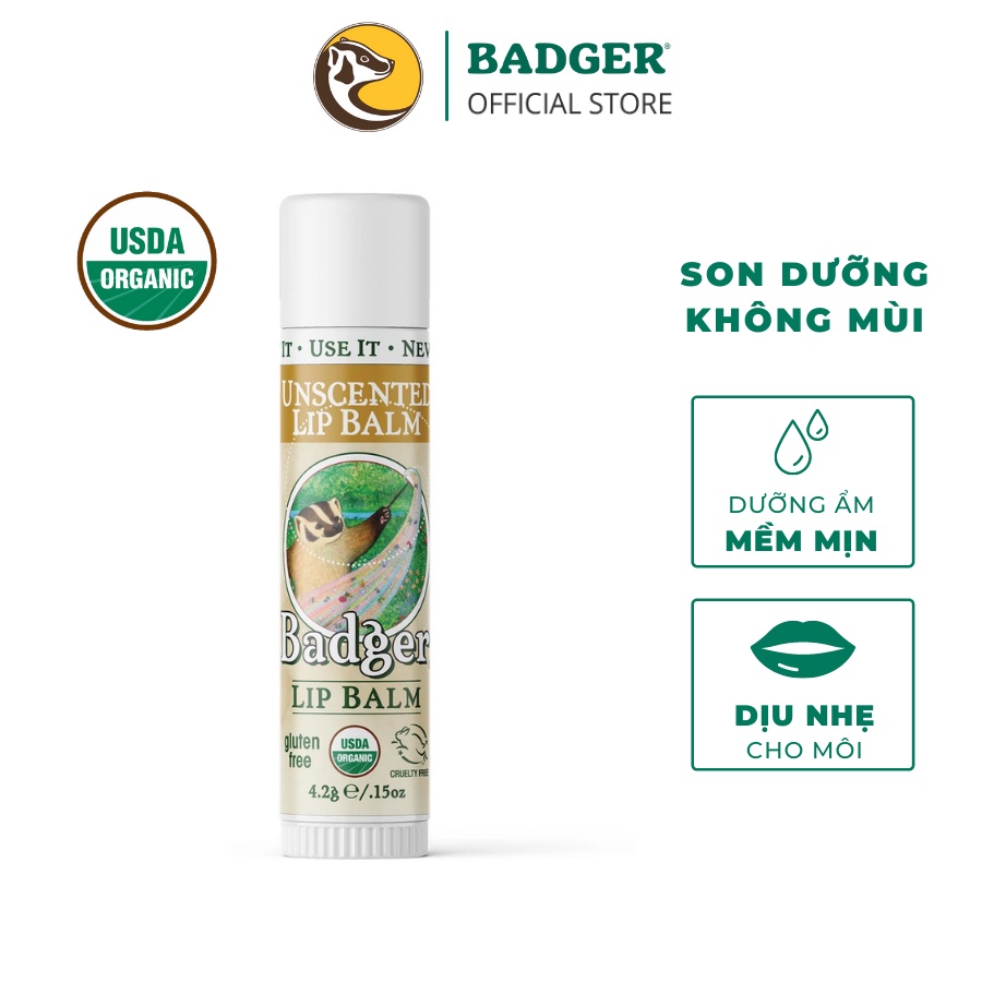 Son dưỡng môi hữu cơ BADGER - Classic Unscented Lip Balm USDA Organic - không màu không mùi 4.2gr