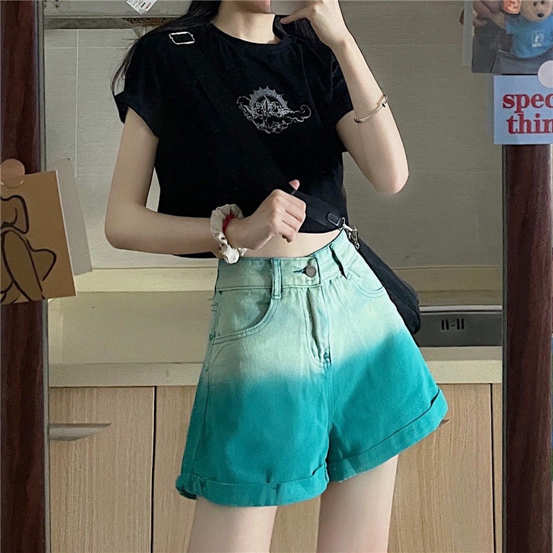 Jiashucheng Quần Short Denim Màu Gradient Lưng Cao Ống Rộng Thời Trang Mùa Hè Cho Nữ
