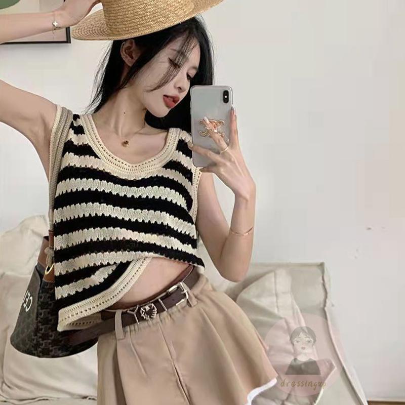 Áo Thun Ba Lỗ Không Tay Họa Tiết Sọc Màu Sắc Tương Phản Dành Cho Nữ