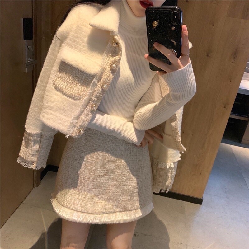 Áo khoác lông phối dạ tweed hàng qc