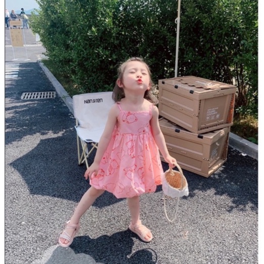 Váy bé gái - Váy 2 dây vải đũi kèm nơ sau lưng cho bé gái