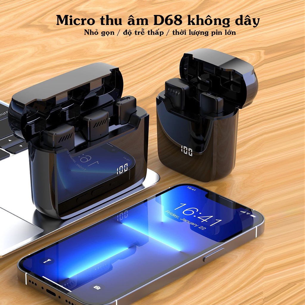 Micro Thu Âm Không Dây D68 Có Dock Sạc - Khử Tiếng Ồn - Phù hợp livetream -Quay video - Ghi âm- cho điện thoại
