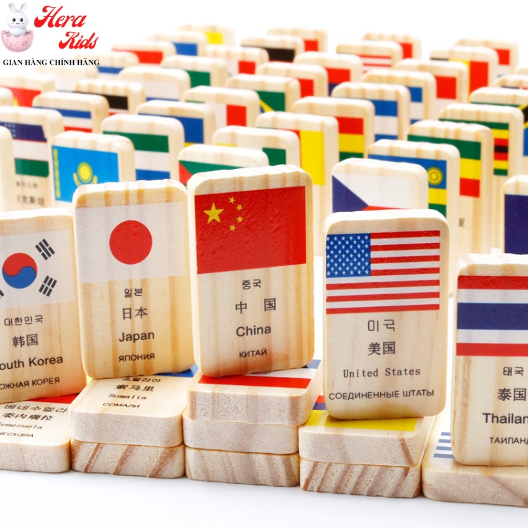 Đồ Chơi Gỗ Domino 100 Lá Cờ Các Quốc Gia Các Nước Trên Thế Giới - Chất liệu gỗ sồi đẹp - Đồ chơi trí tuệ cho bé