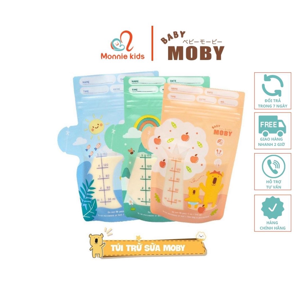 Túi trữ sữa cho bé MOBY BABY 150ml 240ml, túi đựng sữa 3 đường zip có vòi - Monnie Kids
