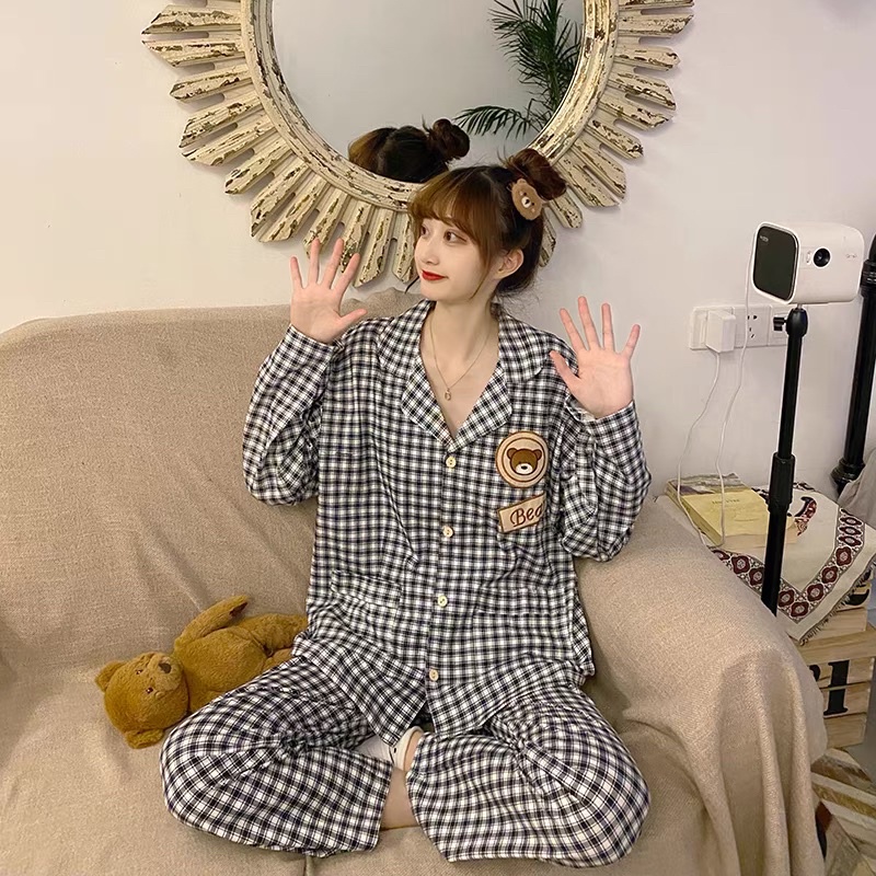 Đồ bộ - Đồ ngủ Pijama dài tay thêu gấu hoạ tiết caro | BigBuy360 - bigbuy360.vn
