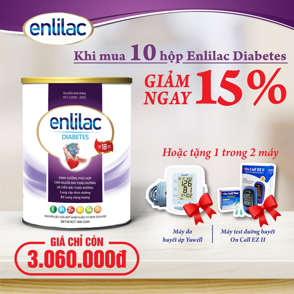 Sữa bột Enlilac Diabetes - 400gr, sữa dinh dưỡng cho người bệnh tiểu đường, giúp ổn định đường huyết