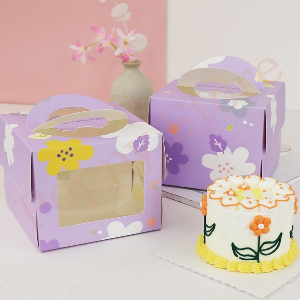 Hộp đựng bánh kem sinh nhật, tặng kèm đế bánh, kích thước 16x16x12cm, phong cách dễ thương, màu sắc pastel - POPPY STORE
