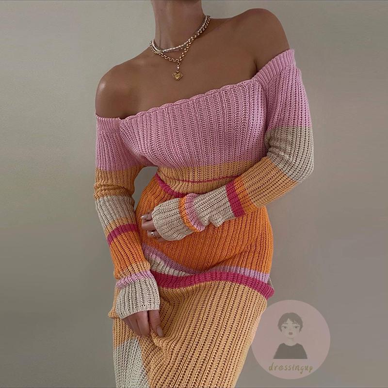 Đầm Dệt Kim Dài Tay Trễ Vai Họa Tiết Kẻ Sọc Màu Sắc Tương Phản Thời Trang Cho Nữ