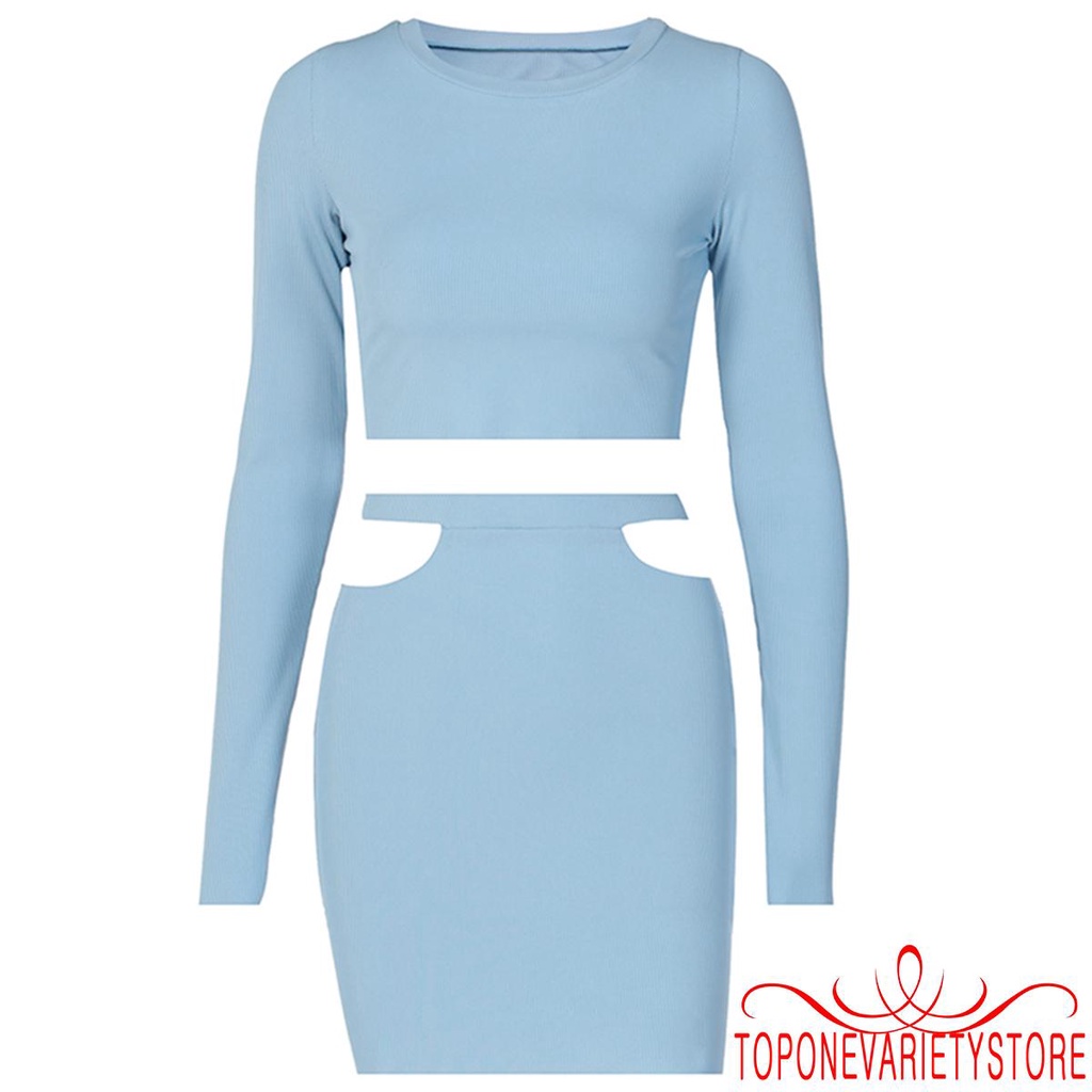 Set Chân Váy Lưng Cao Và Áo Thun Tay Dài Thời Trang Quyến Rũ Cho Nữ