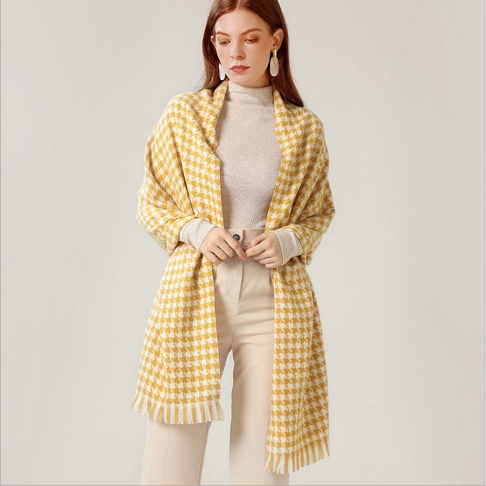 Khăn choàng len dài in họa tiết Houndstooth đơn giản phong cách retro Hàn Quốc cho nữ