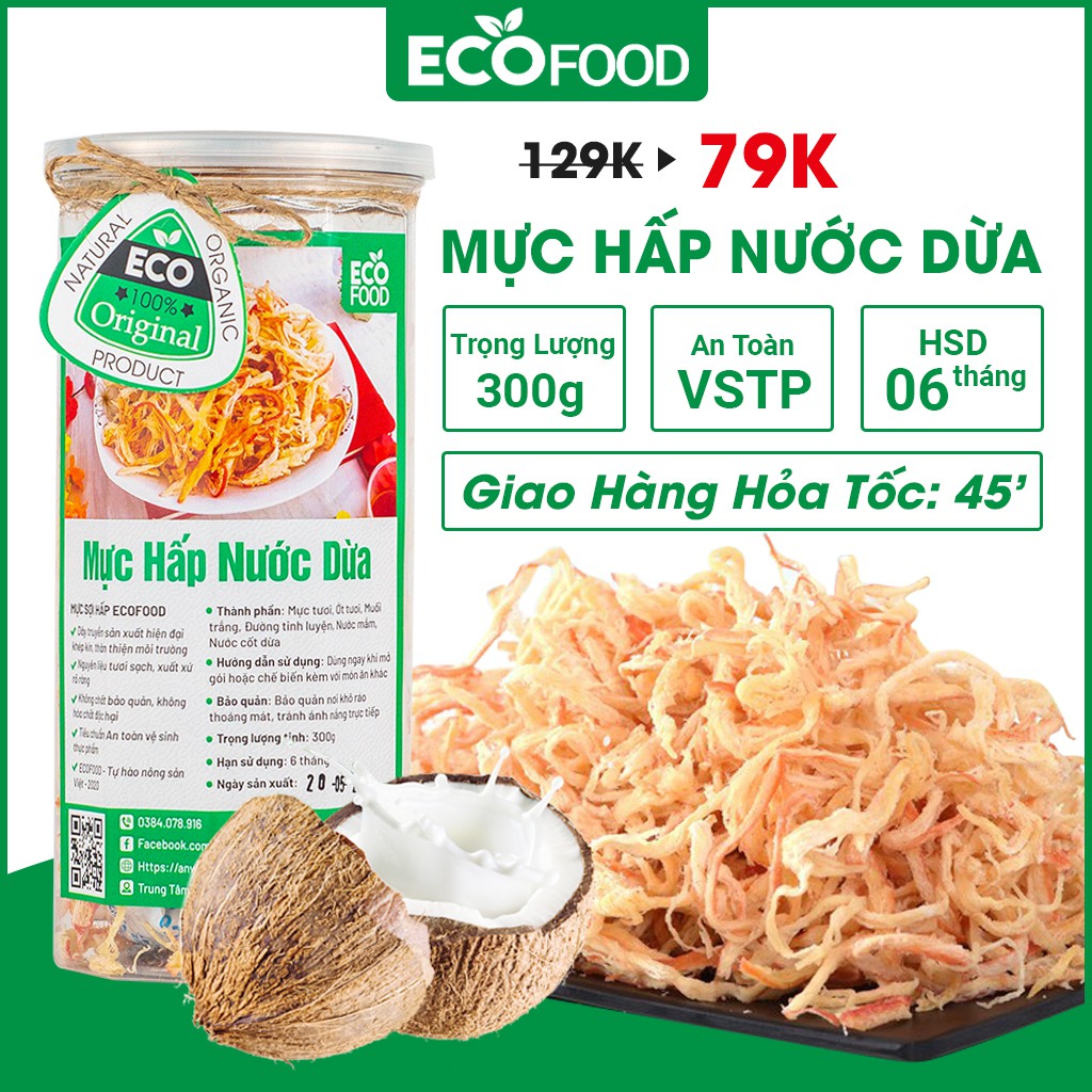 Mực Khô Hấp Nước Cốt Dừa Xé Sợi Ecofood 300G Loại 1 Cay, Ngon, Ngọt, Đồ Ăn Vặt Viêt Nam Giá Rẻ,  An Toàn VSTP