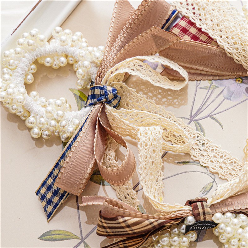 Dây Cột Tóc Co Giãn Cao Phối Ren Đính Ngọc Trai Thiết Kế Mới Thời Trang Hàn Quốc Cho Nữ