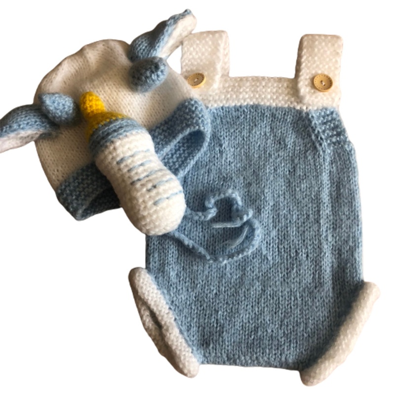 Bộ 3 Món Gồm Áo Liền Quần Dệt Kim Không Tay Cài Nút + Nón + Bình Sữa Ox Hoạt Hình Cho Trẻ Sơ Sinh