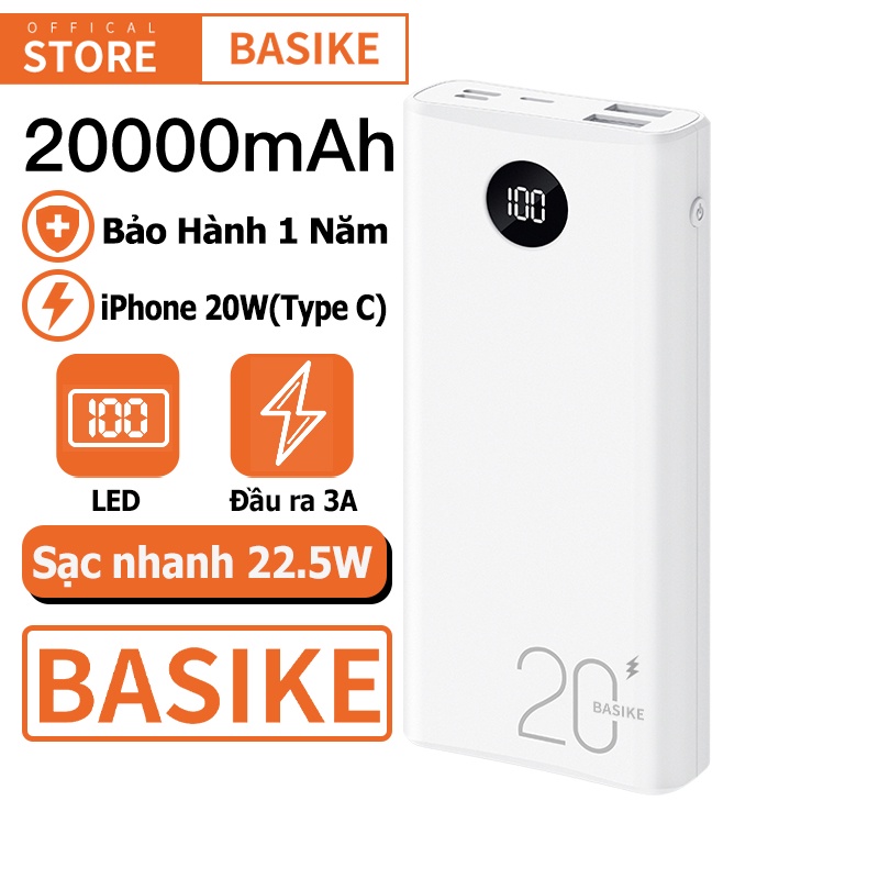 Sạc dự phòng BASIKE 20000mAh PD 22.5W 3 đầu vào 3 đầu ra hiển thị màn hình kỹ thuật số cho iPhone Samsung