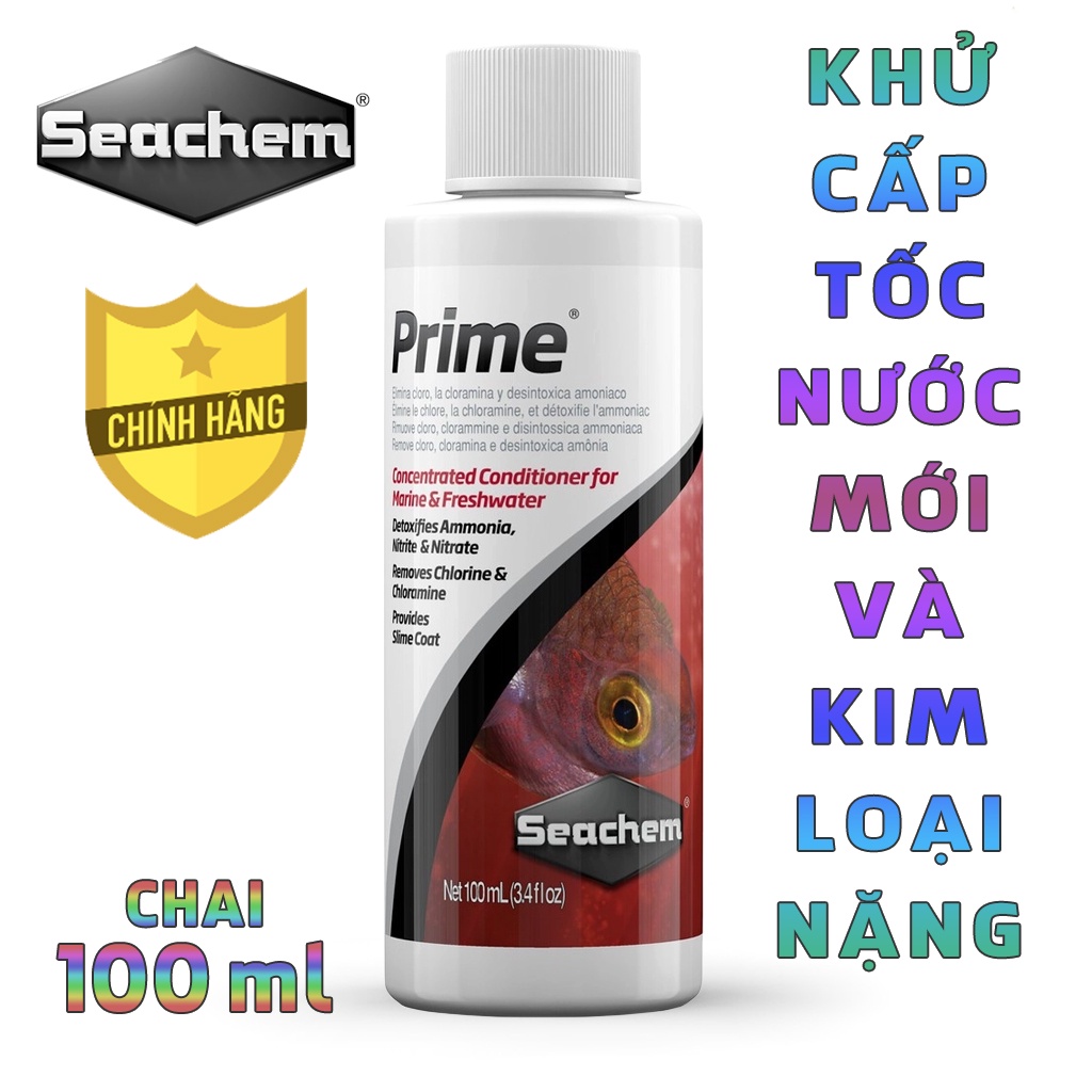 Dung dịch Seachem - Prime khử cấp tốc Clo, NH3, NO2, NO3 trong nước hồ cá thủy sinh, hồ cá biển - Chai 100 ml